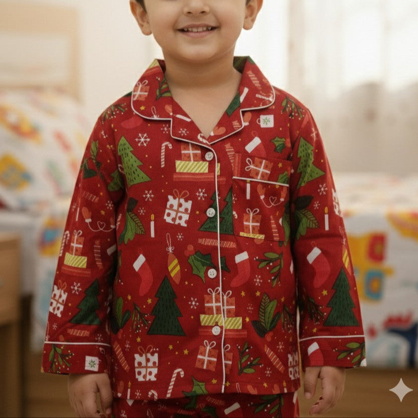 Red Christmas | Kids Night suit Set |Pure Cotton