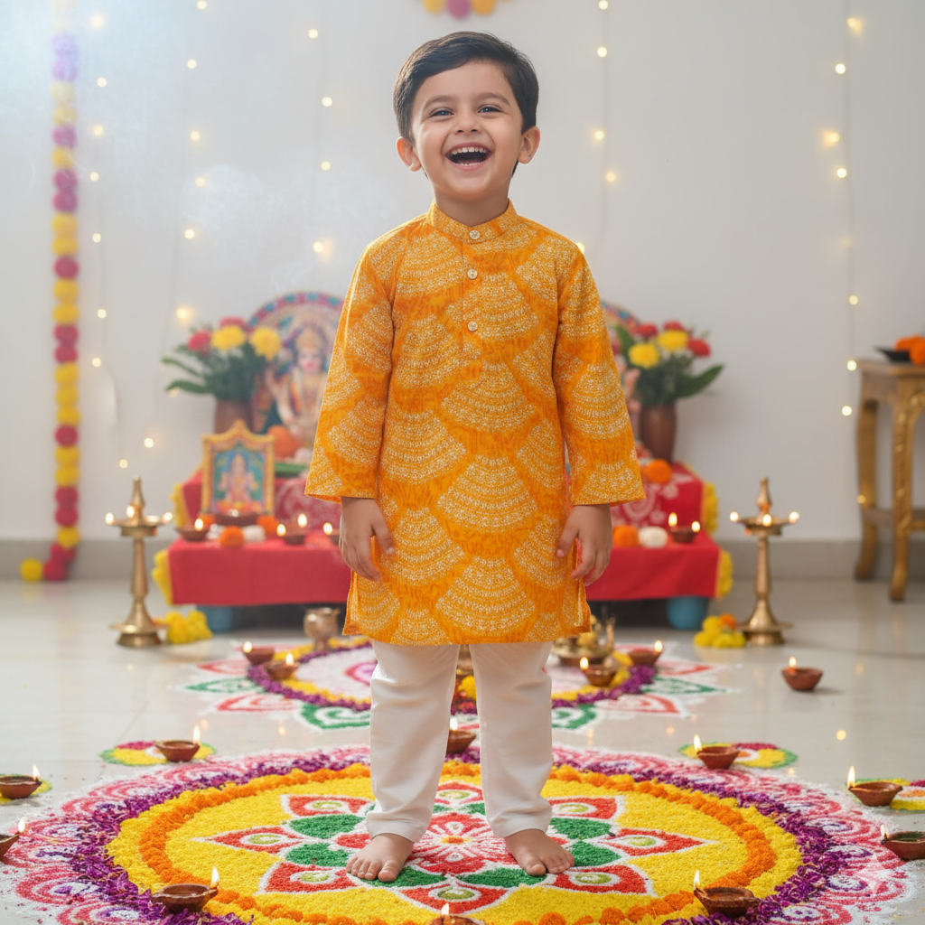 Yellow Bandhani Kurta Pajama Set for Boys| Pure Cotton