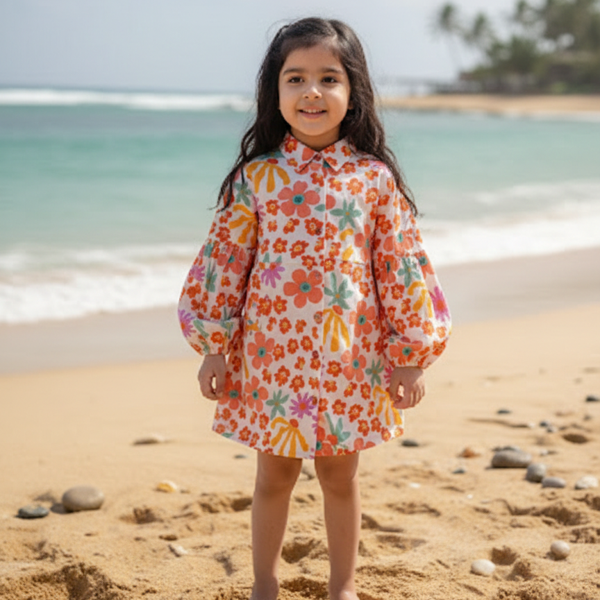 Orange Floral sibling twinning outfits