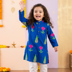 Royal Blue Painted Garden Kurta Pajama Set| Pure Cotton
