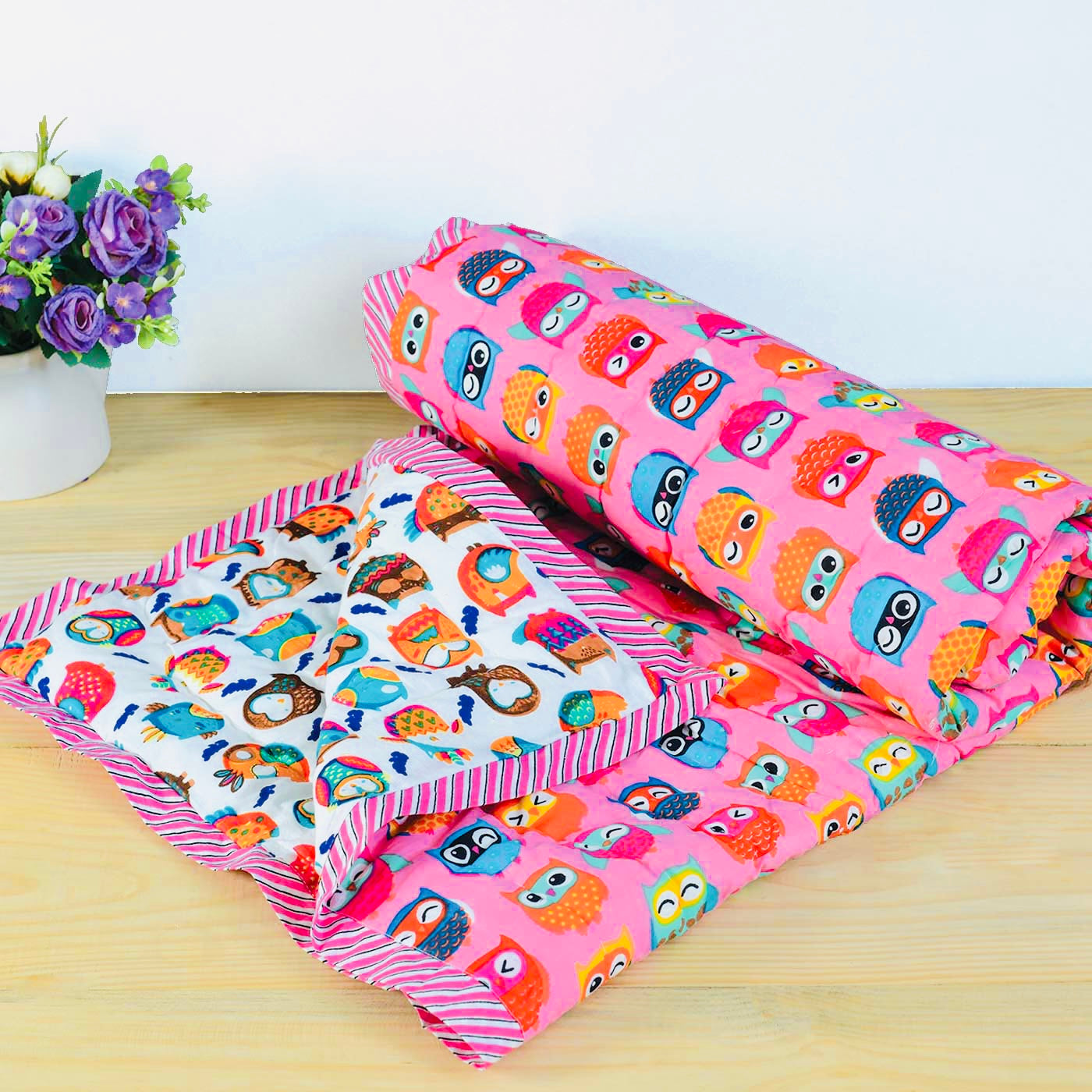 Reversible Character Quilt- Wise Owl - Pink & White