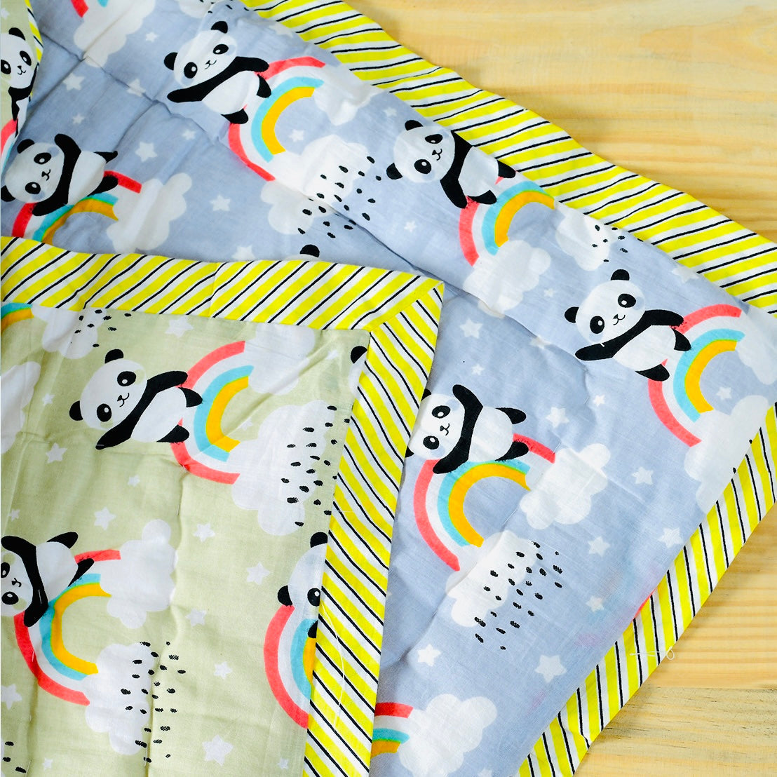 Reversible Character Quilt- Rainbow Panda- Grey & Muddy Yellow