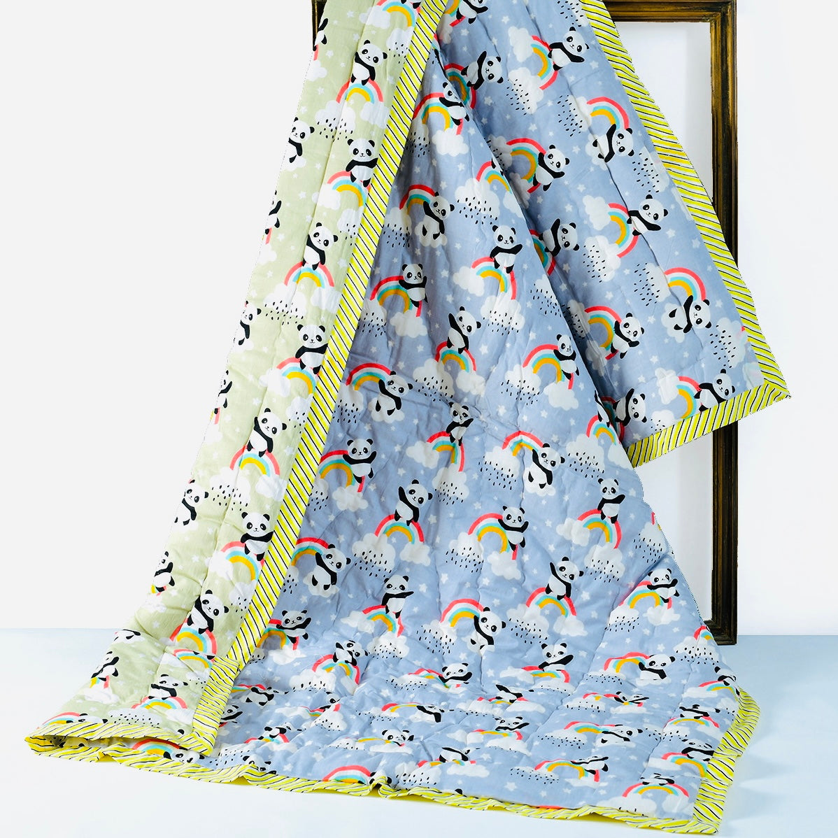 Reversible Character Quilt- Rainbow Panda- Grey & Muddy Yellow