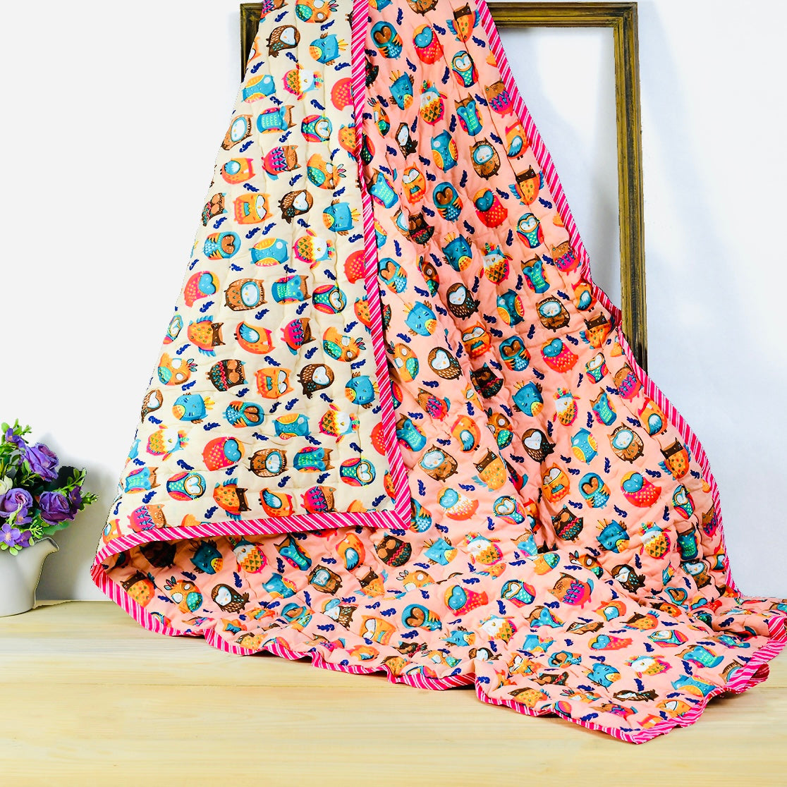 Reversible Character Quilt- Flying Owls- Peach& Cream
