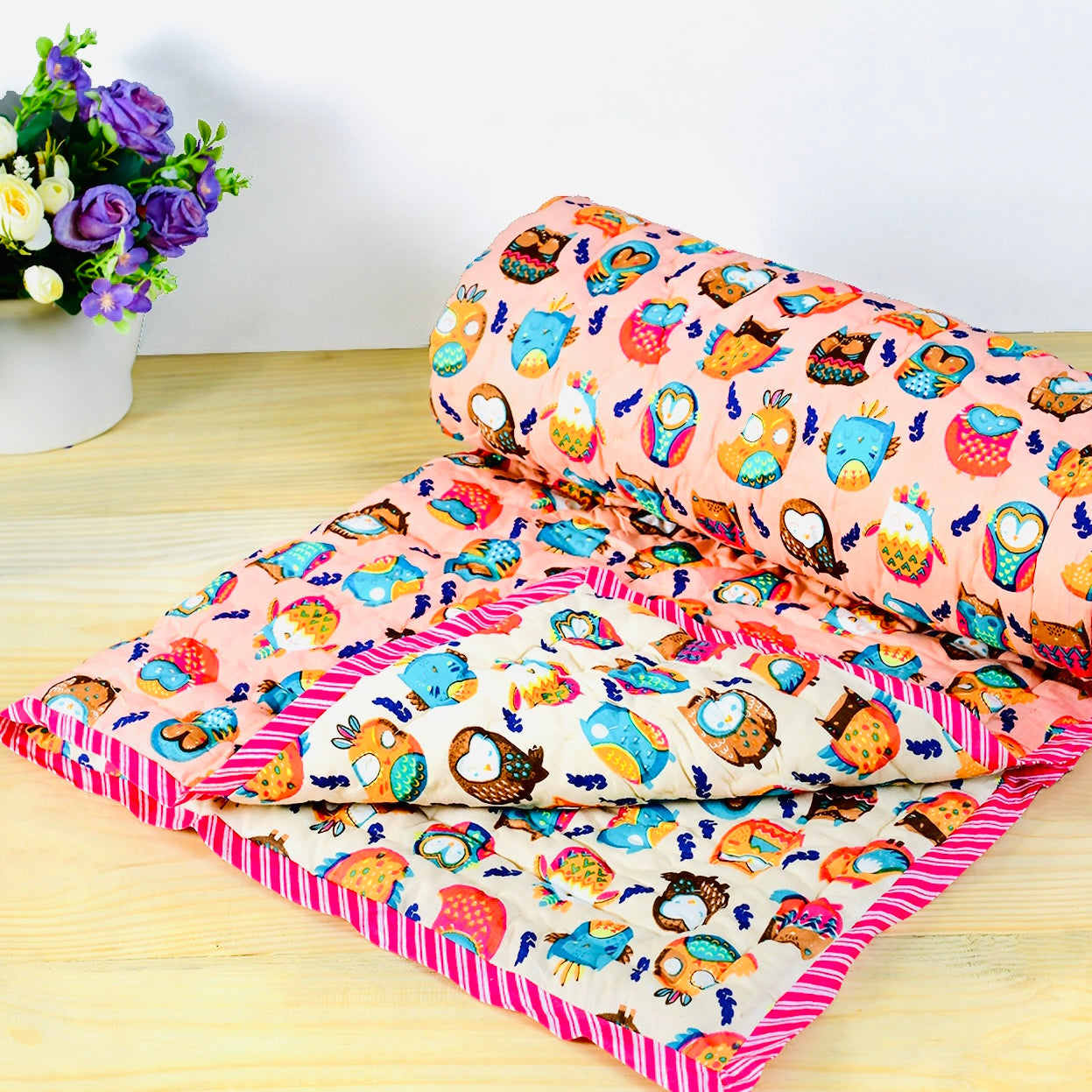 Reversible Character Quilt- Flying Owls- Peach& Cream