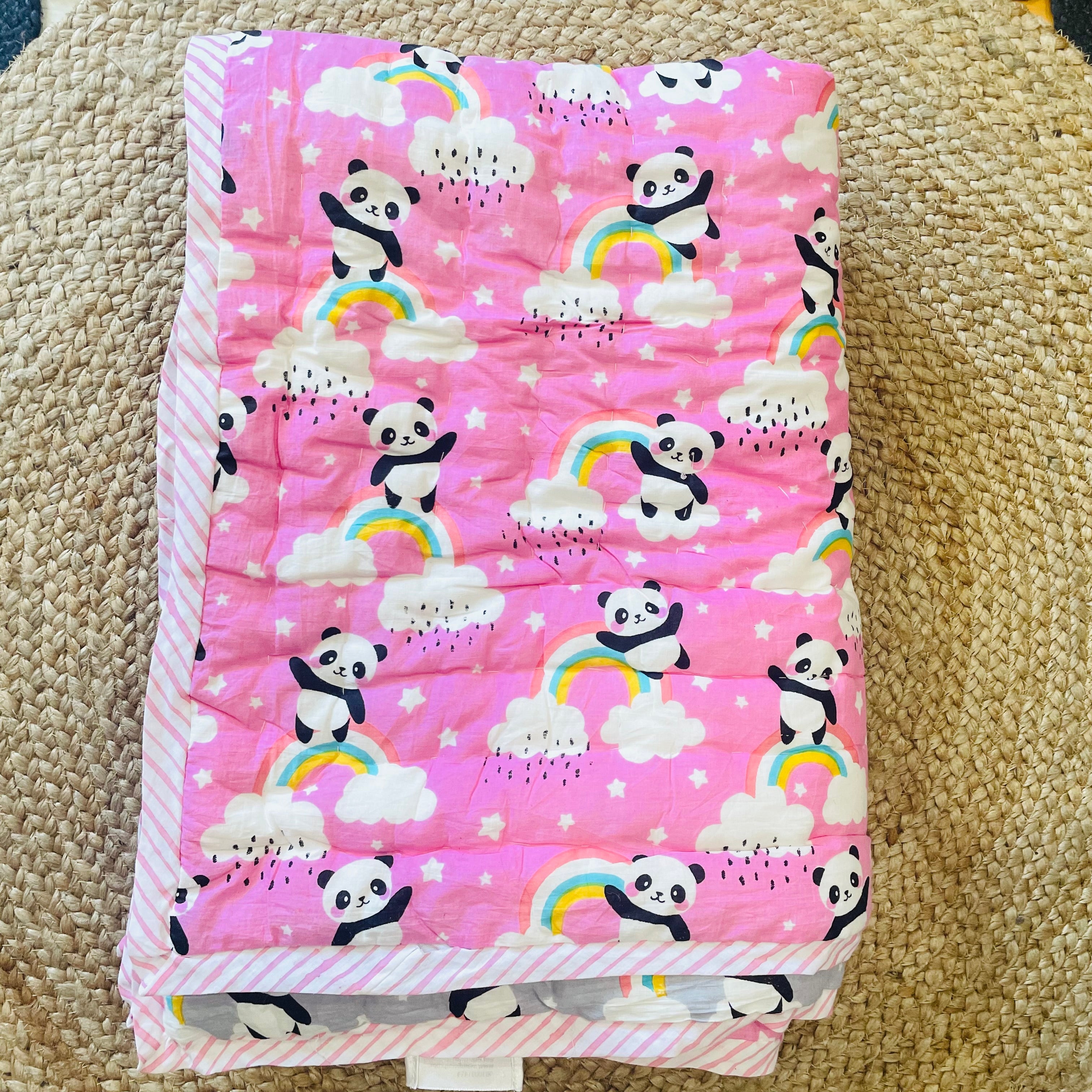 Reversible Character Quilt- Rainbow Panda- Pink & Grey