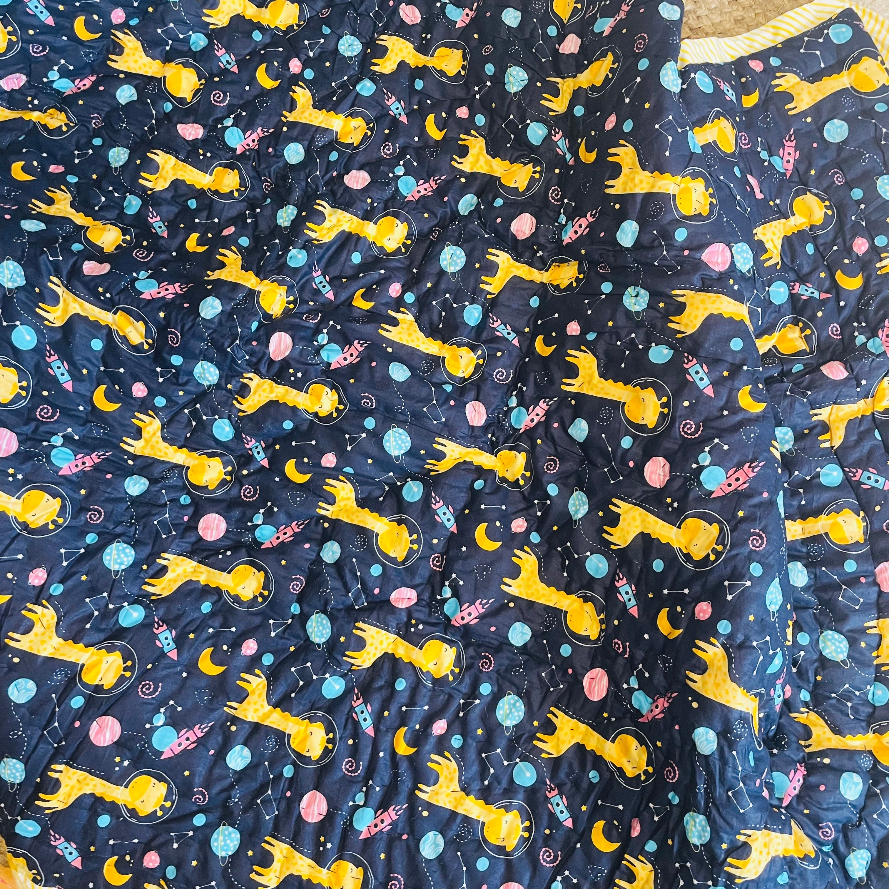 Reversible Character Quilt- Giraffe in Space- Blue & Green