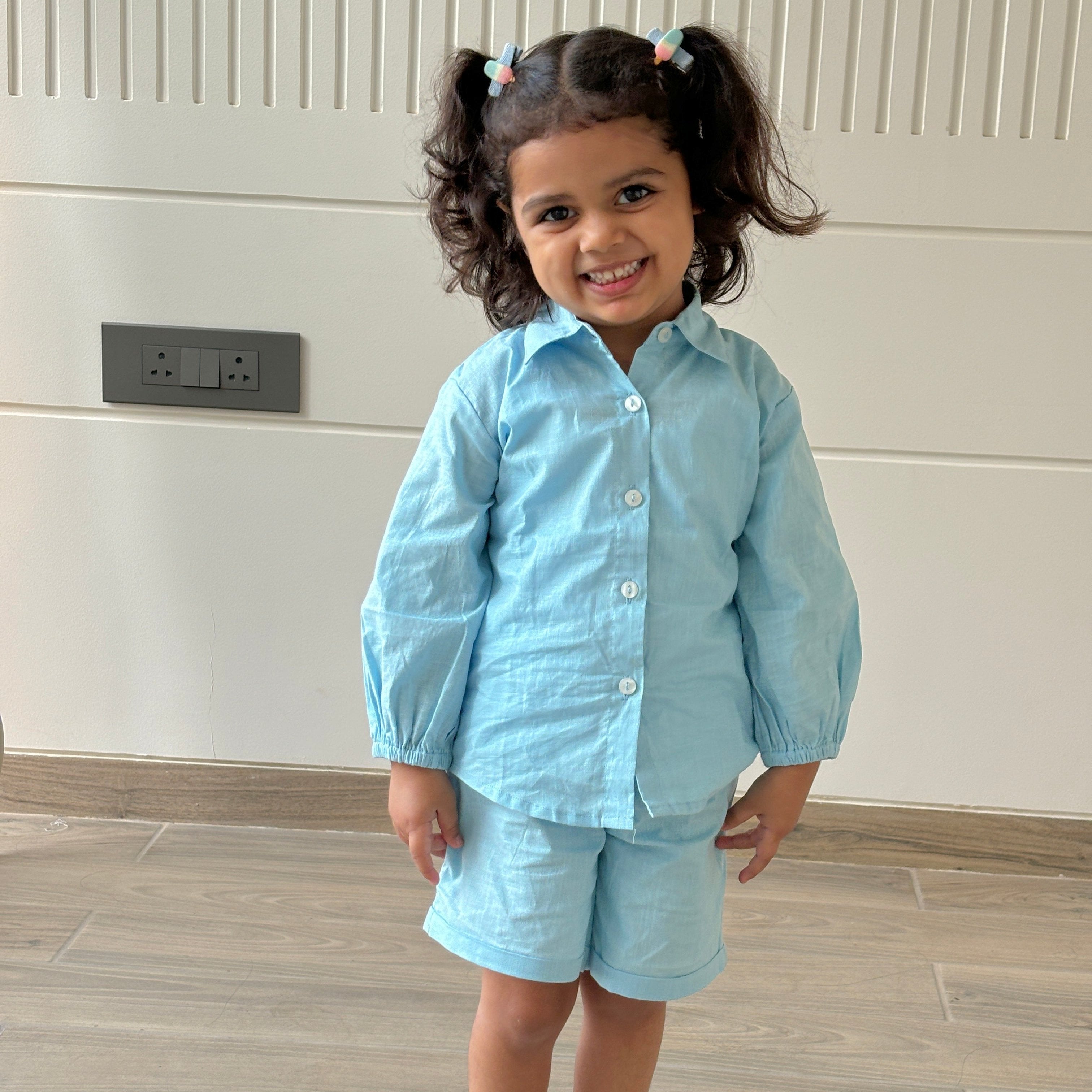 Shaivya Co-Ords Set for Girls| Linen with laces| Blue