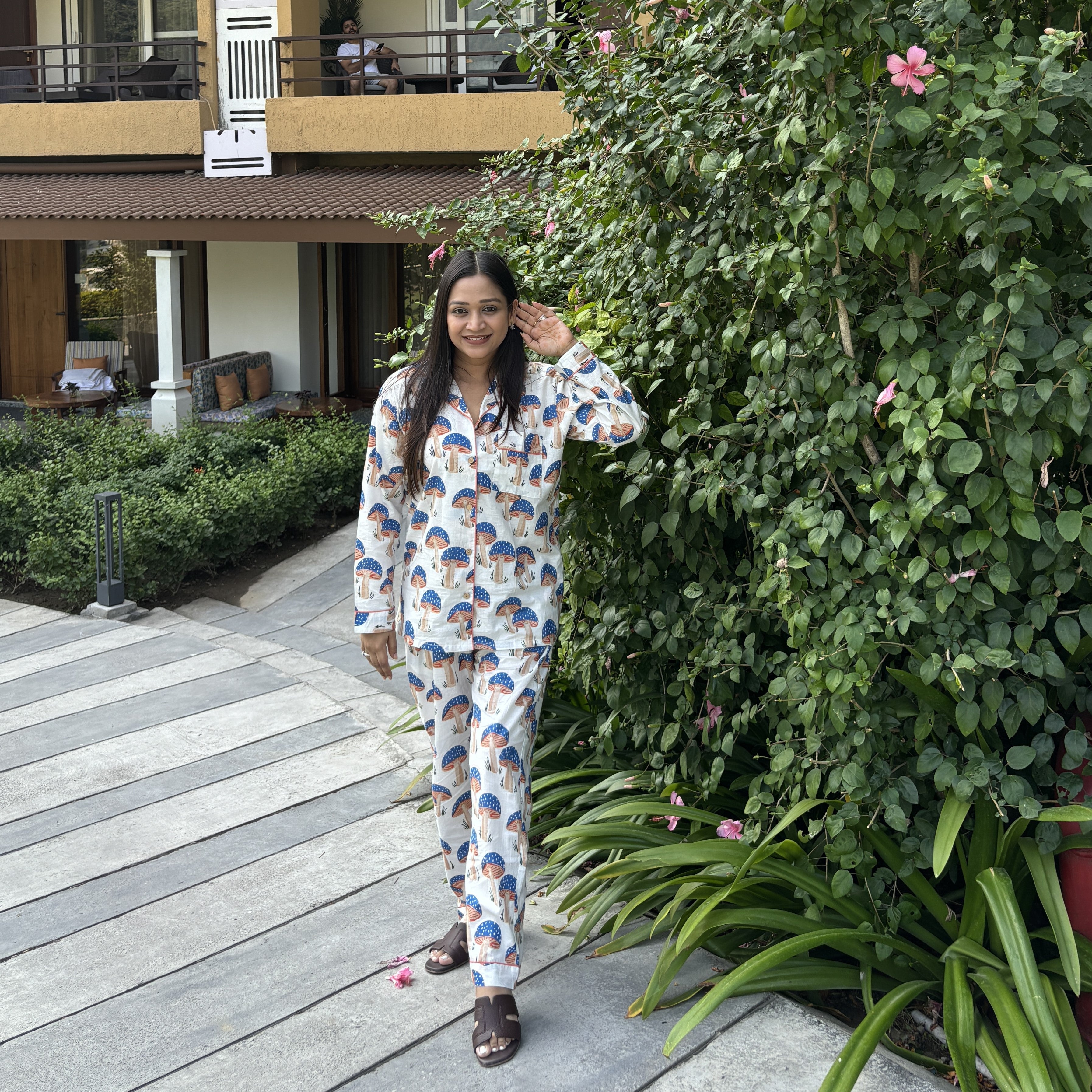 Blue Mushrooms| Adult Nightsuit Set| Pure Cotton