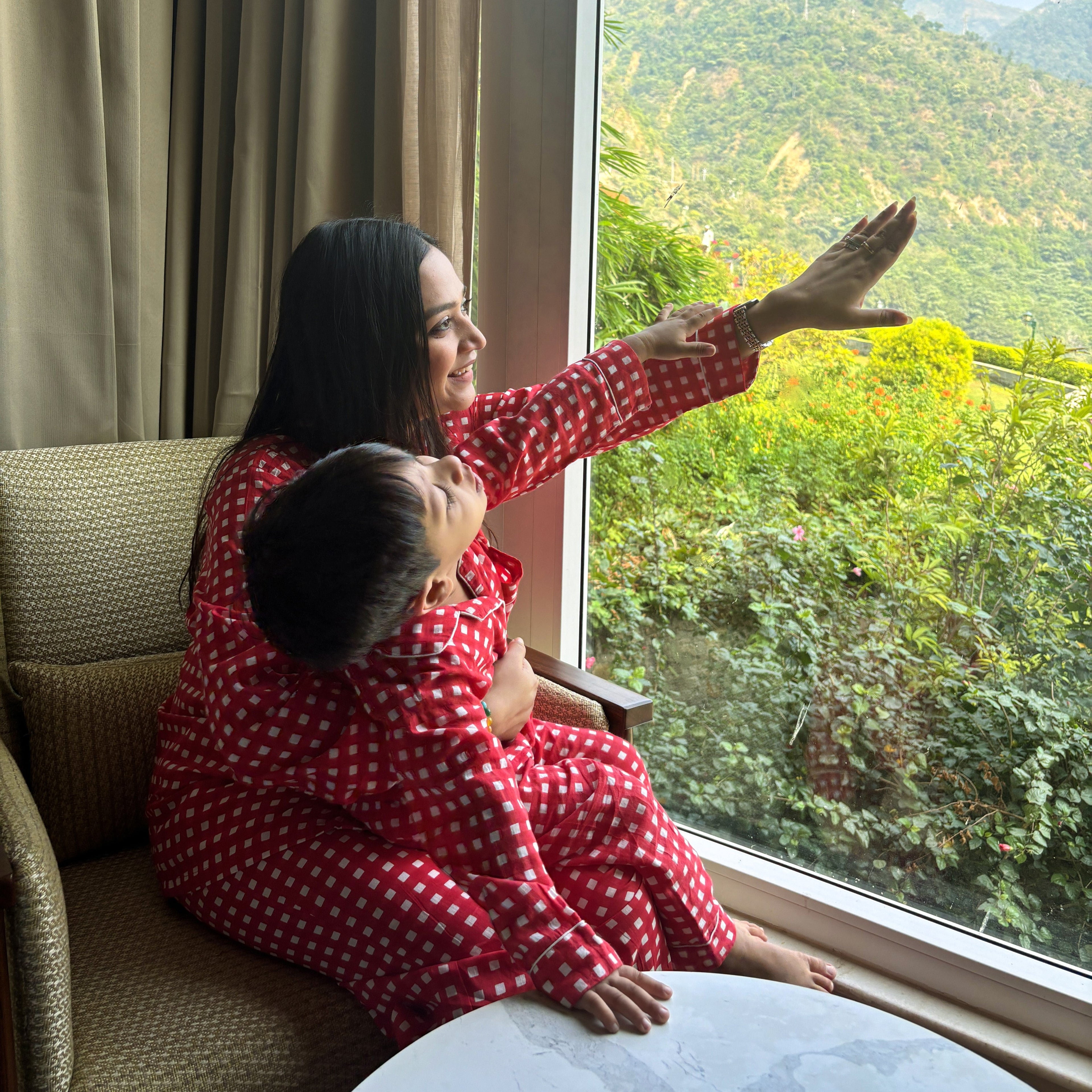 Red Checker Twinning Nightsuit Set| Pure Cotton