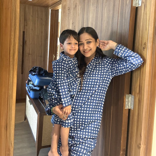 Blue Checkerboard Twinning Nightsuit Set| Pure Cotton