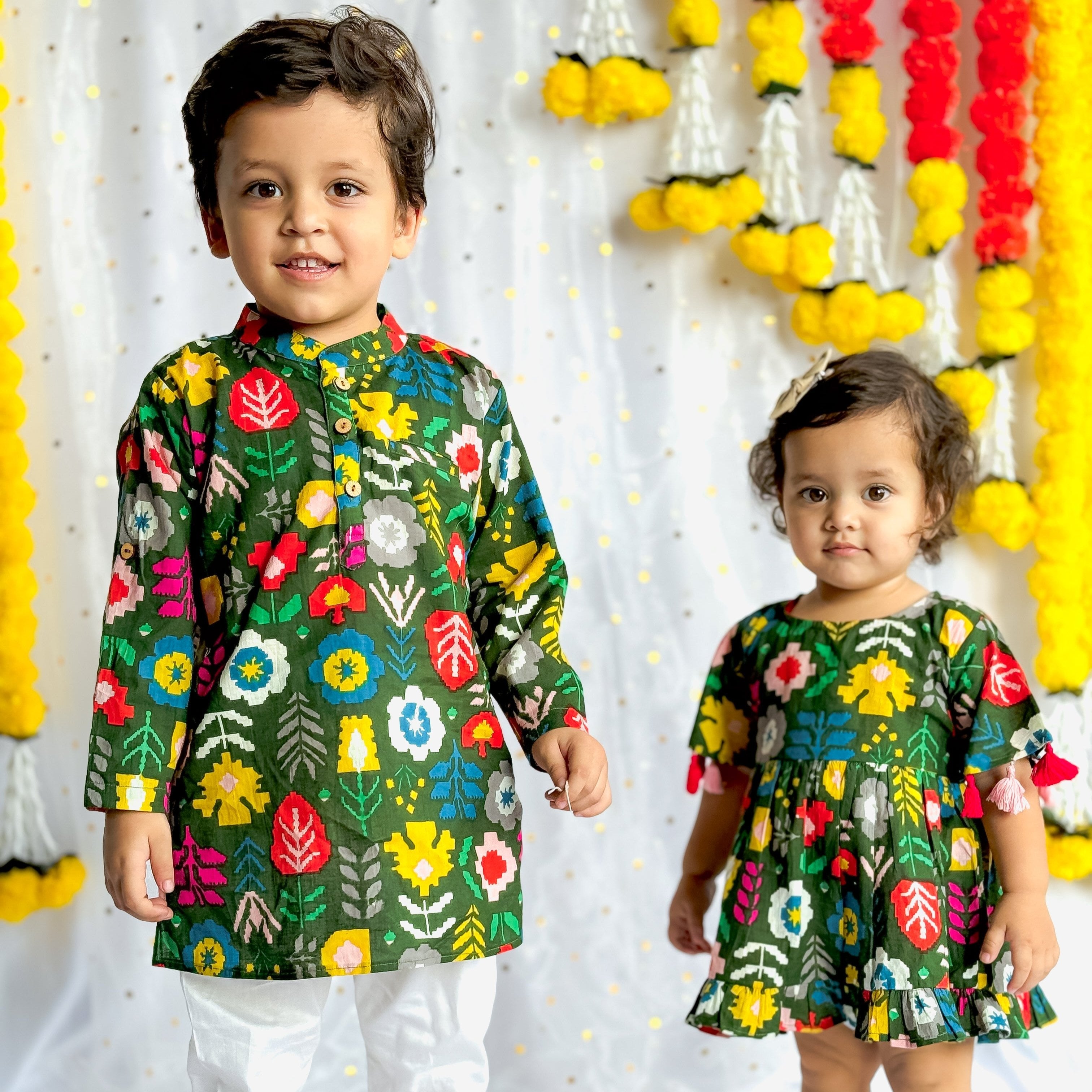 Festive Sibling Twinning Outfits| Green Patola| Pure Cotton
