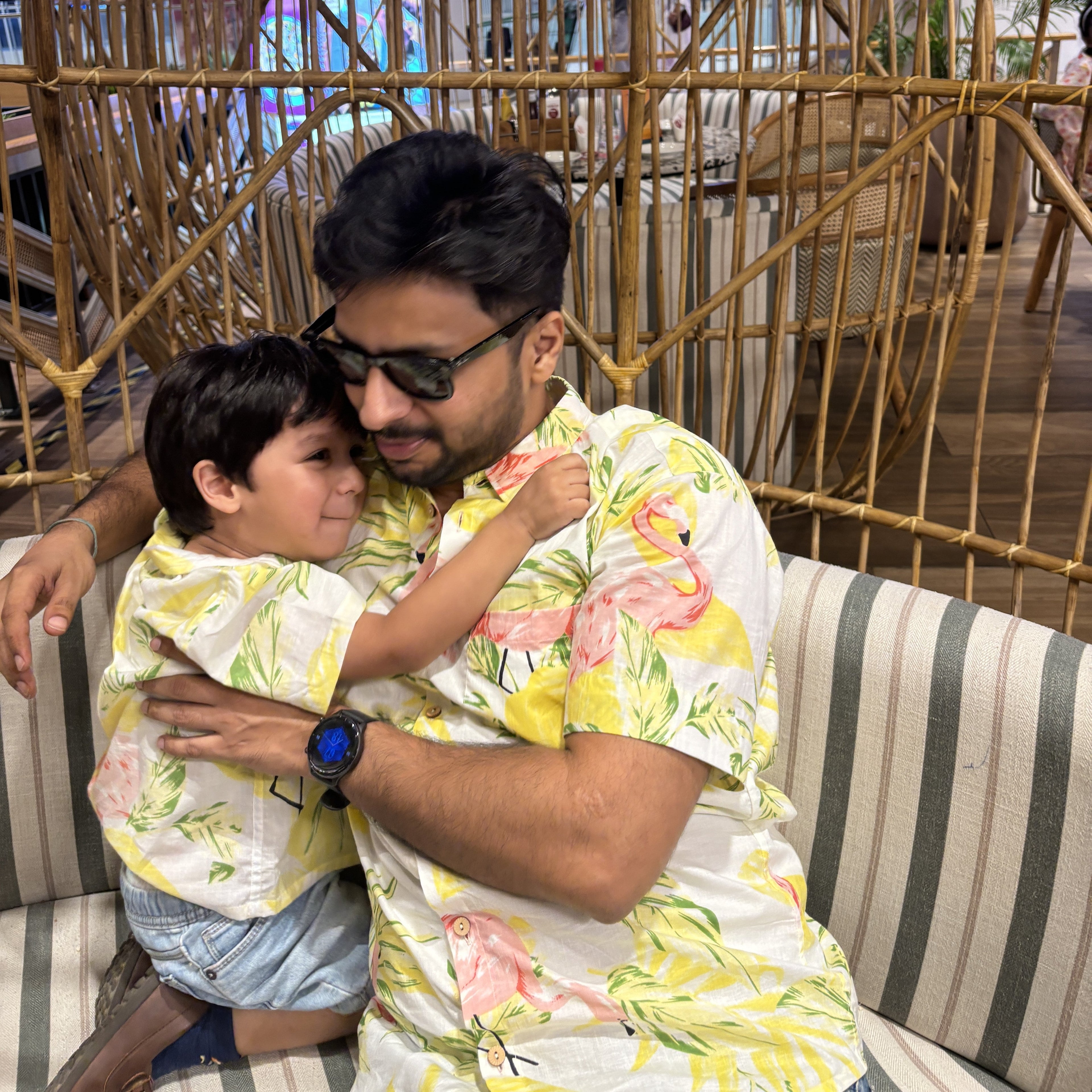 Beach Twinning Outfit for Father and Son |Yellow Flamingos| Pure Cotton