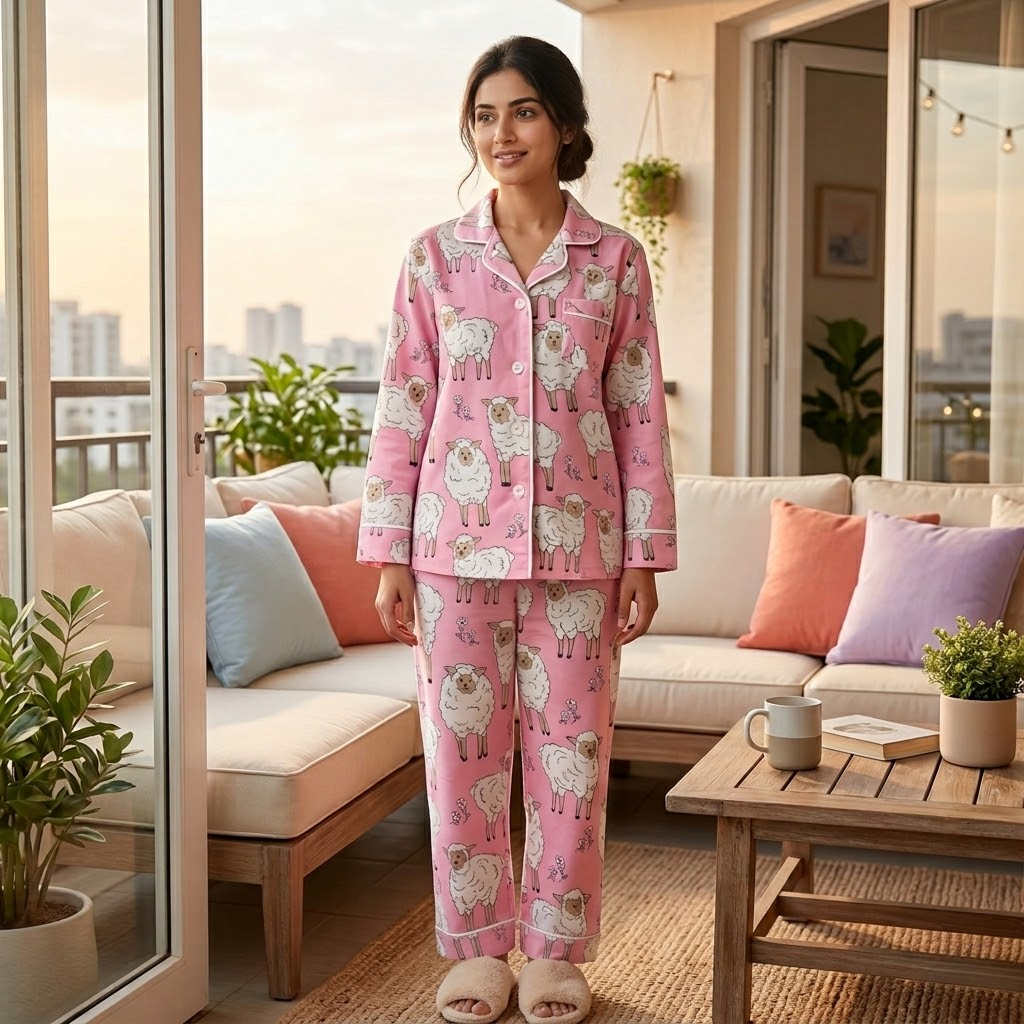 Baa Baa Pink Sheep Twinning Nightsuit Set| Pure Cotton