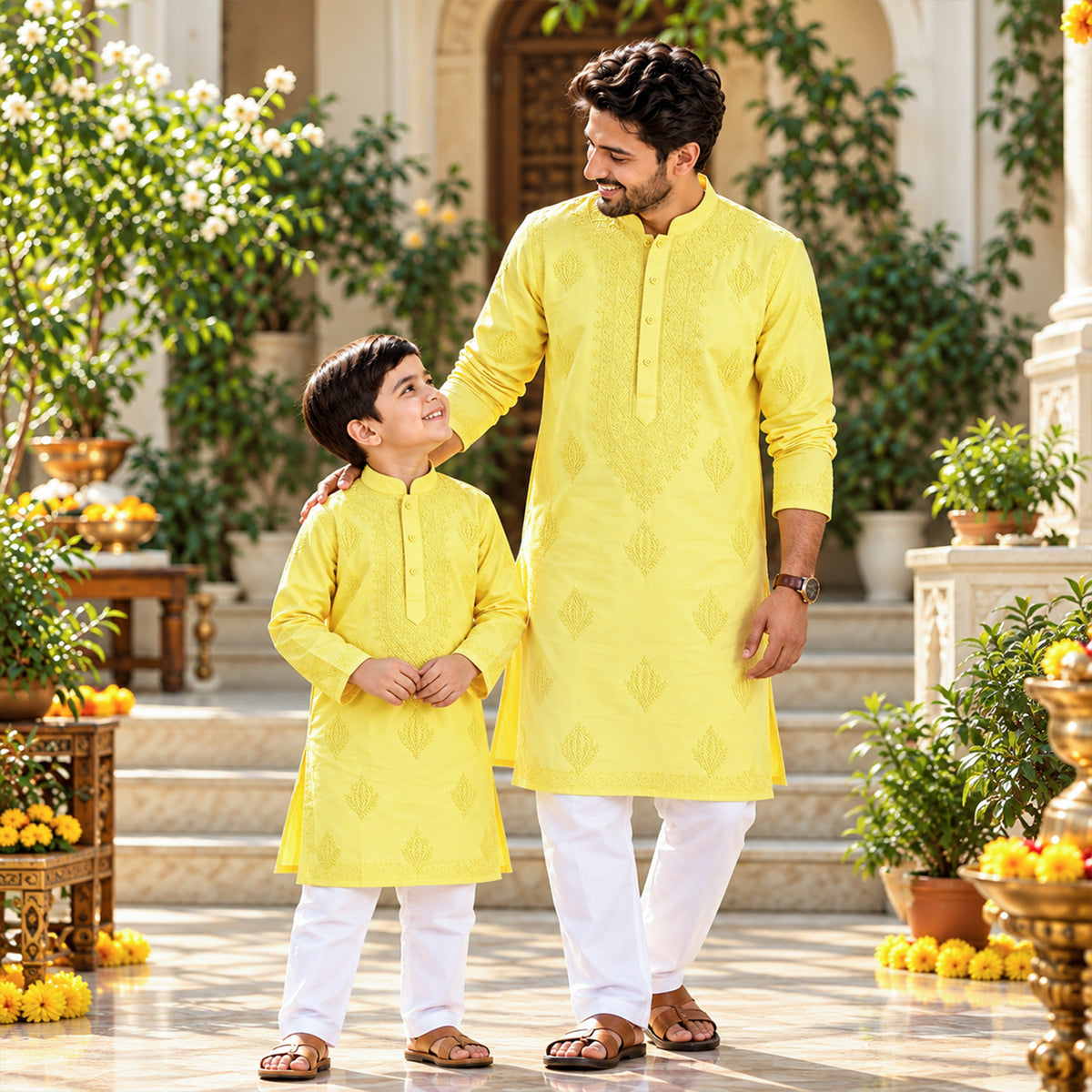 Sunshine Yellow | Father & Kids Twining Kurta Pajama Set | Lucknow Chikankari | Pure Cotton Silk