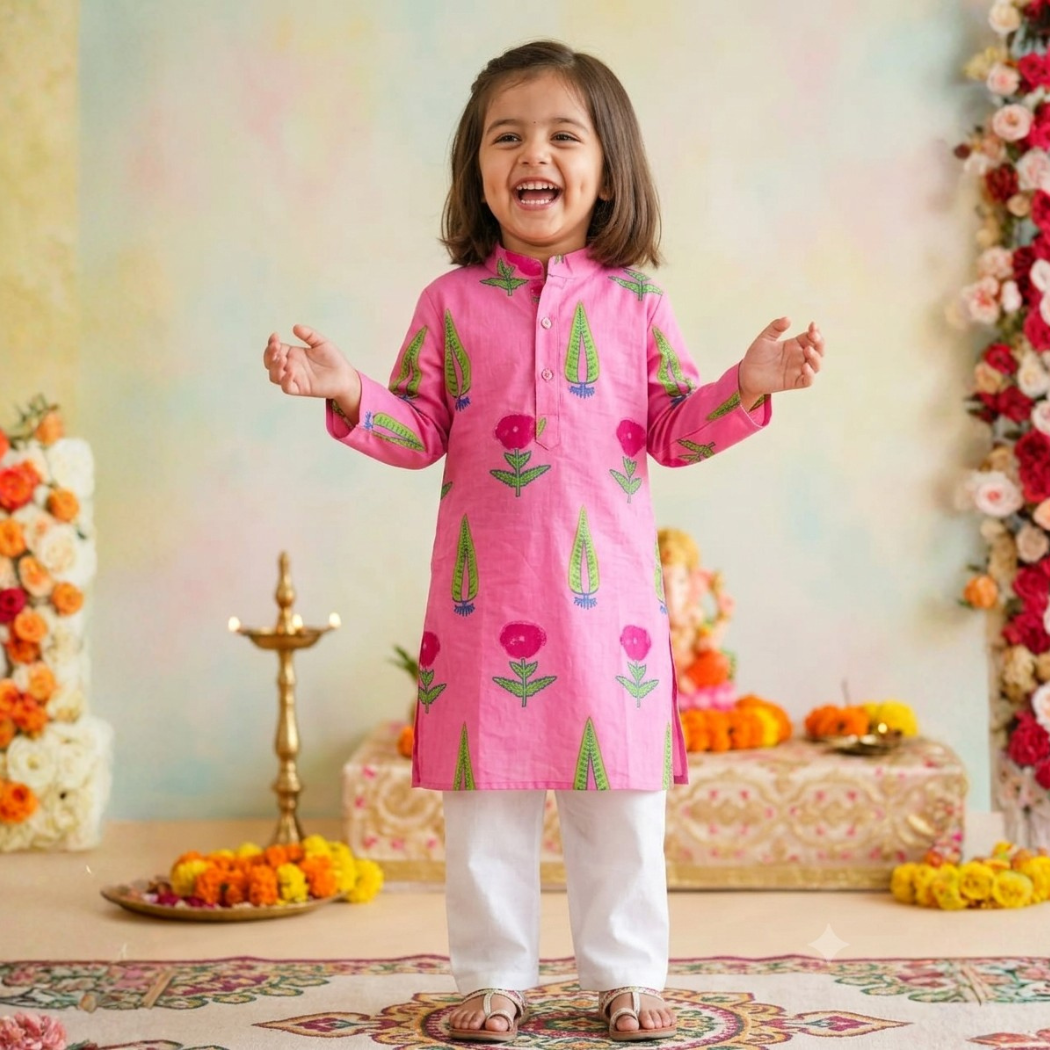 Candy Pink Painted Garden Kurta Pajama Set| Pure Cotton
