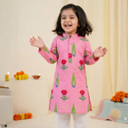 Candy Pink Painted Garden Kurta Pajama Set| Pure Cotton