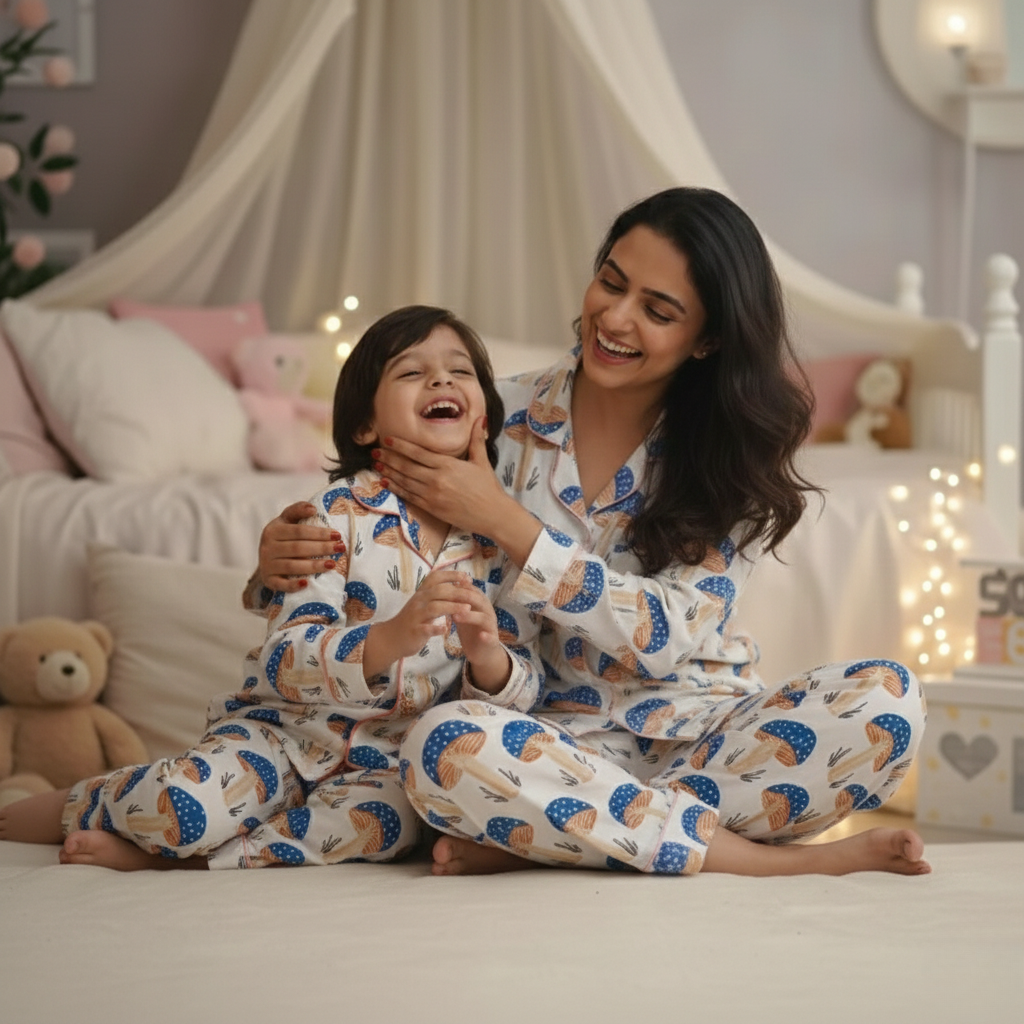 Blue Mushroom Twinning Nightsuit Set| Pure Cotton