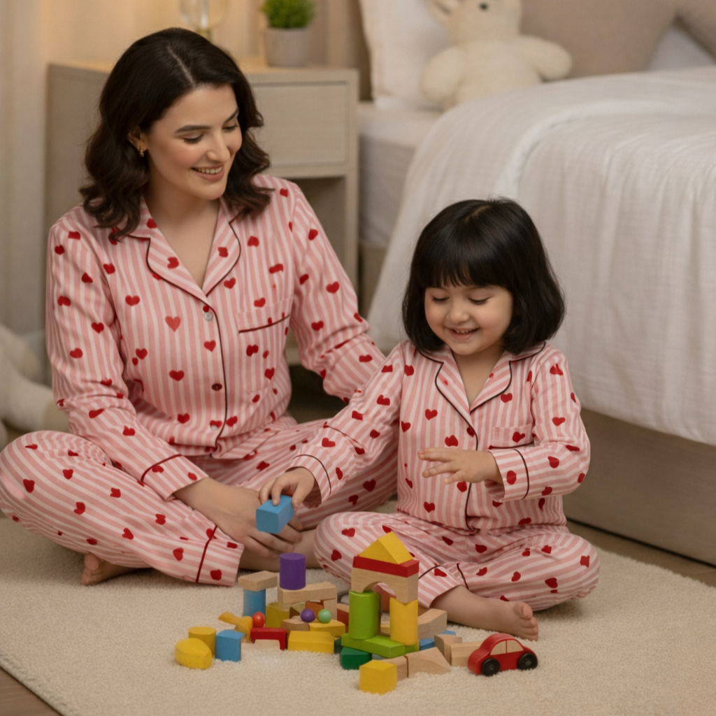 Pink Hearts Twinning Nightsuit Set| Pure Cotton