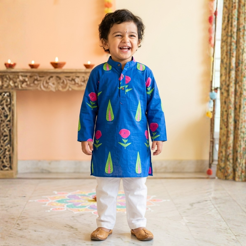 Royal Blue Painted Garden Kurta Pajama Set| Pure Cotton