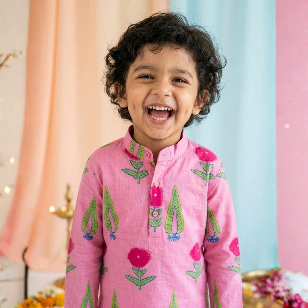 Candy Pink Painted Garden Kurta Pajama Set| Pure Cotton