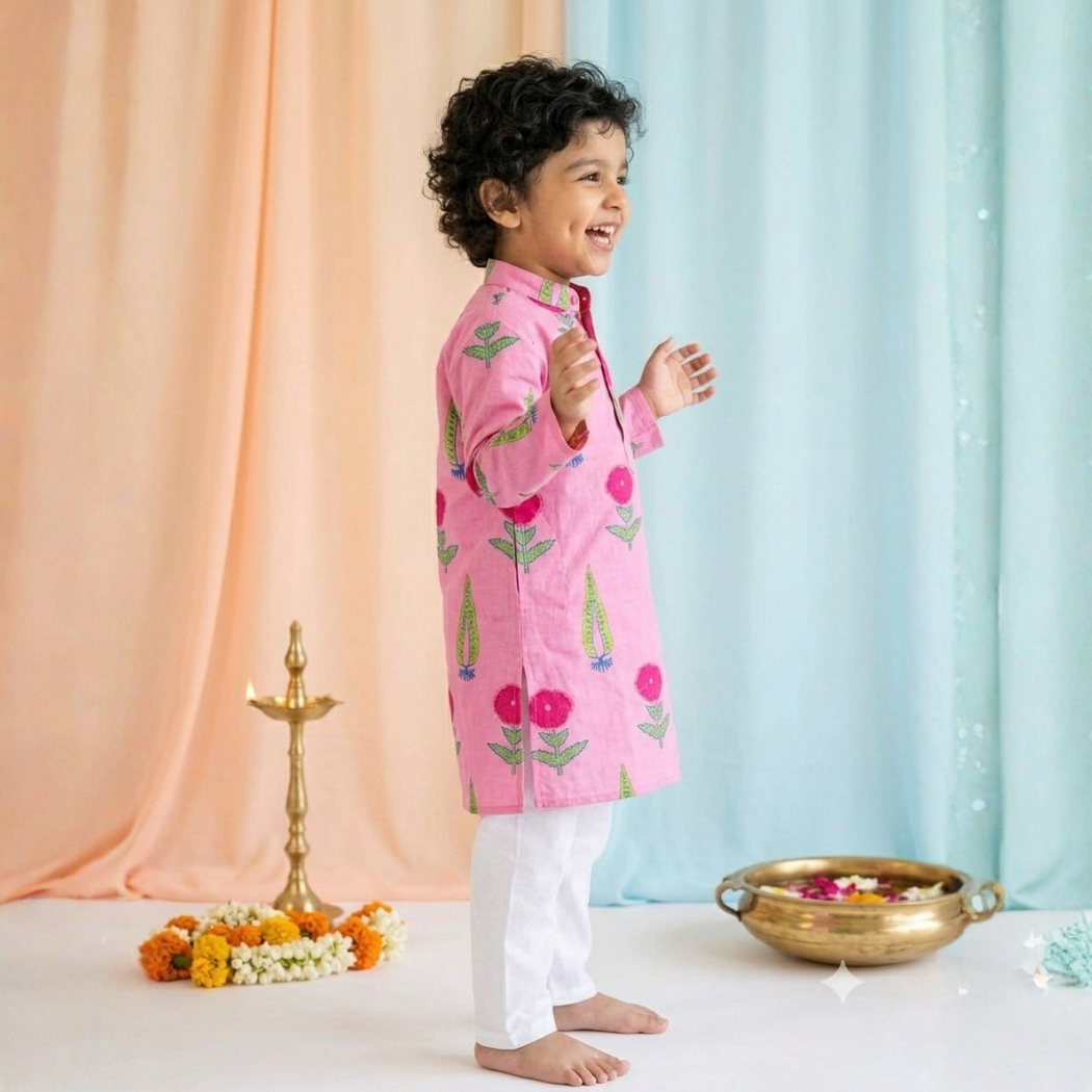 Candy Pink Painted Garden Kurta Pajama Set| Pure Cotton