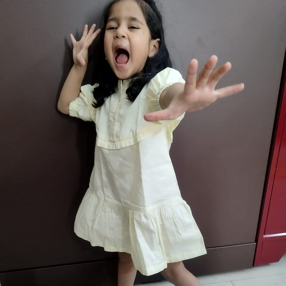 Victoria Short Dress for Girls| Linen with Laces| Yellow