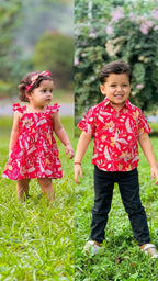 Red floral firework Sibling Twinning Outfits | Pure cotton