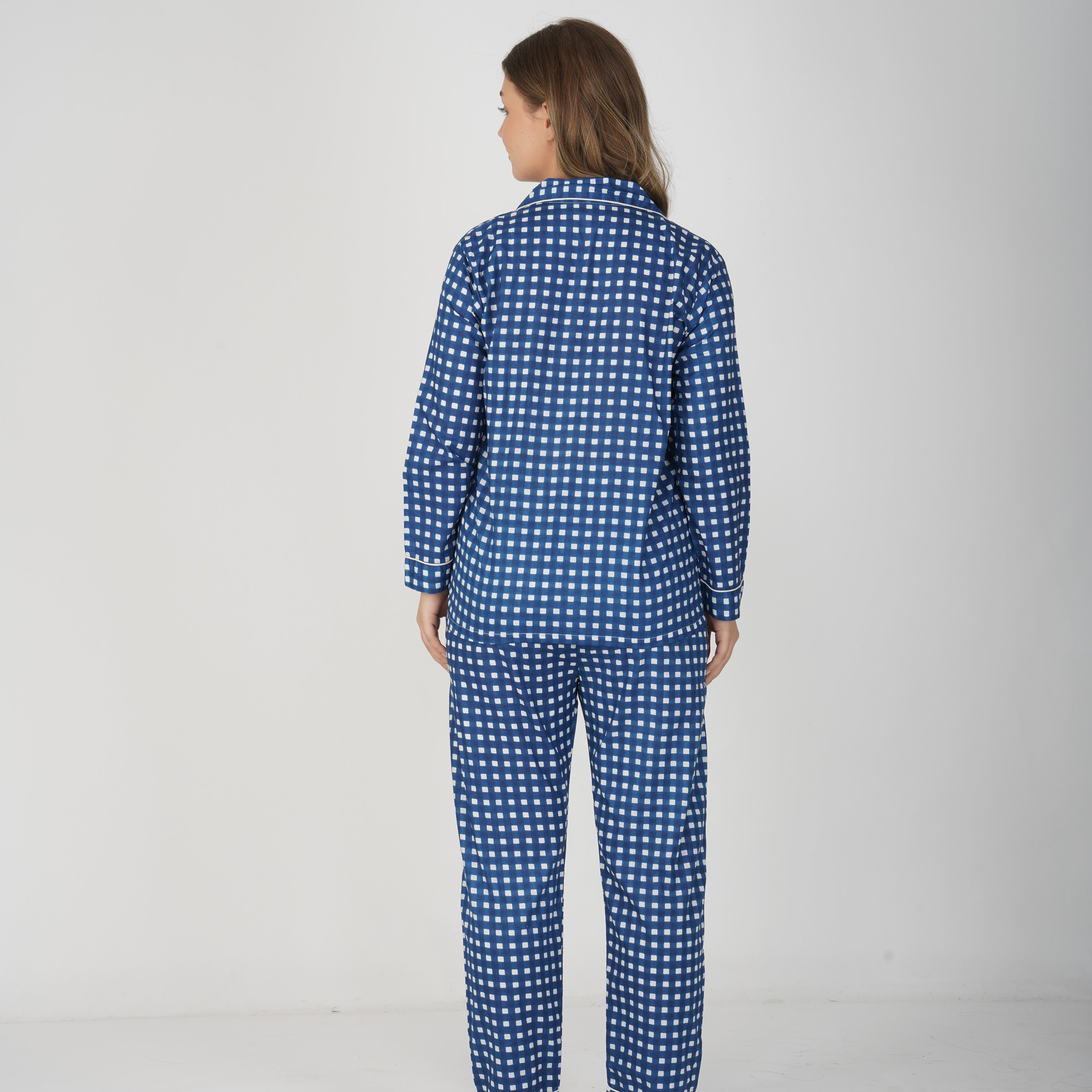 Blue Checkerboard| Adult Nightsuit Set| Pure Cotton