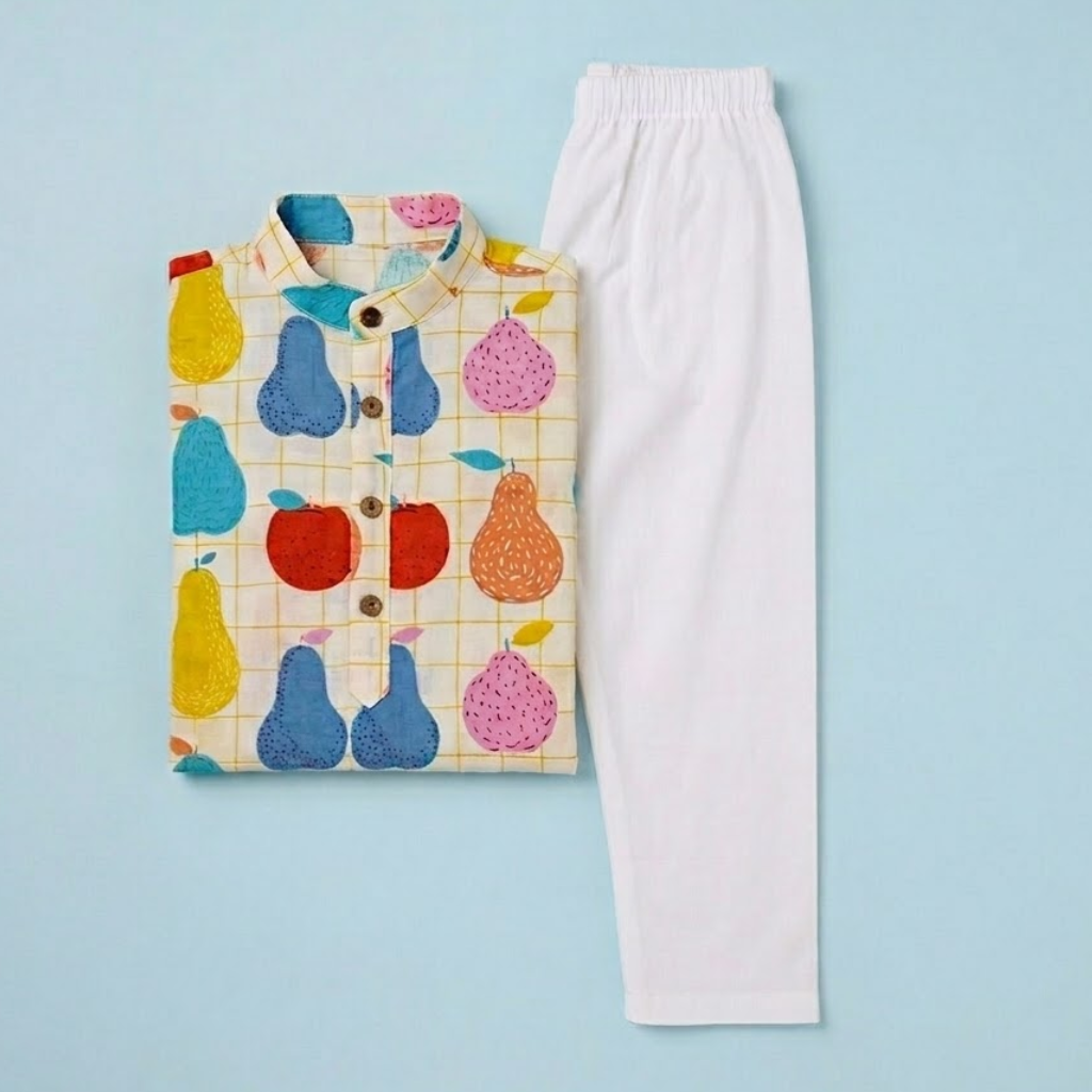 Falofulo Colorful Fruits Kurta Pyjama Set | Pure Cotton