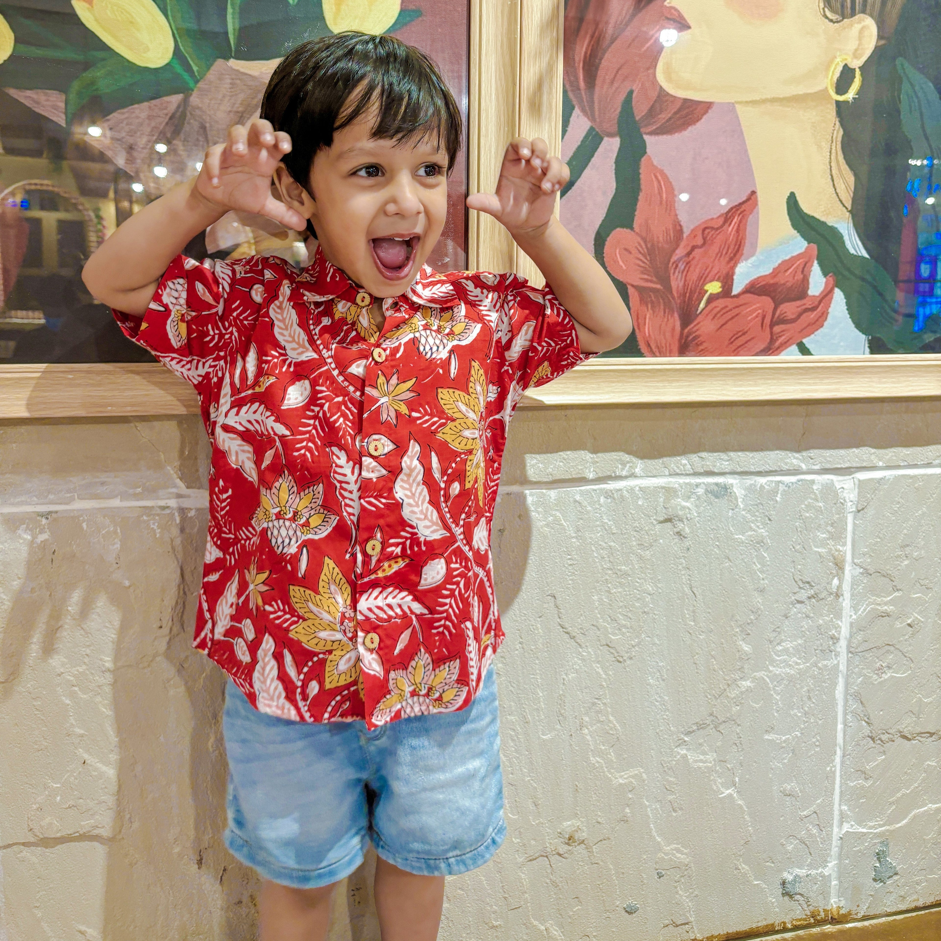 Family Twinning (Baby Boy): Match in Style! |Red Floral Firework| Pure Cotton