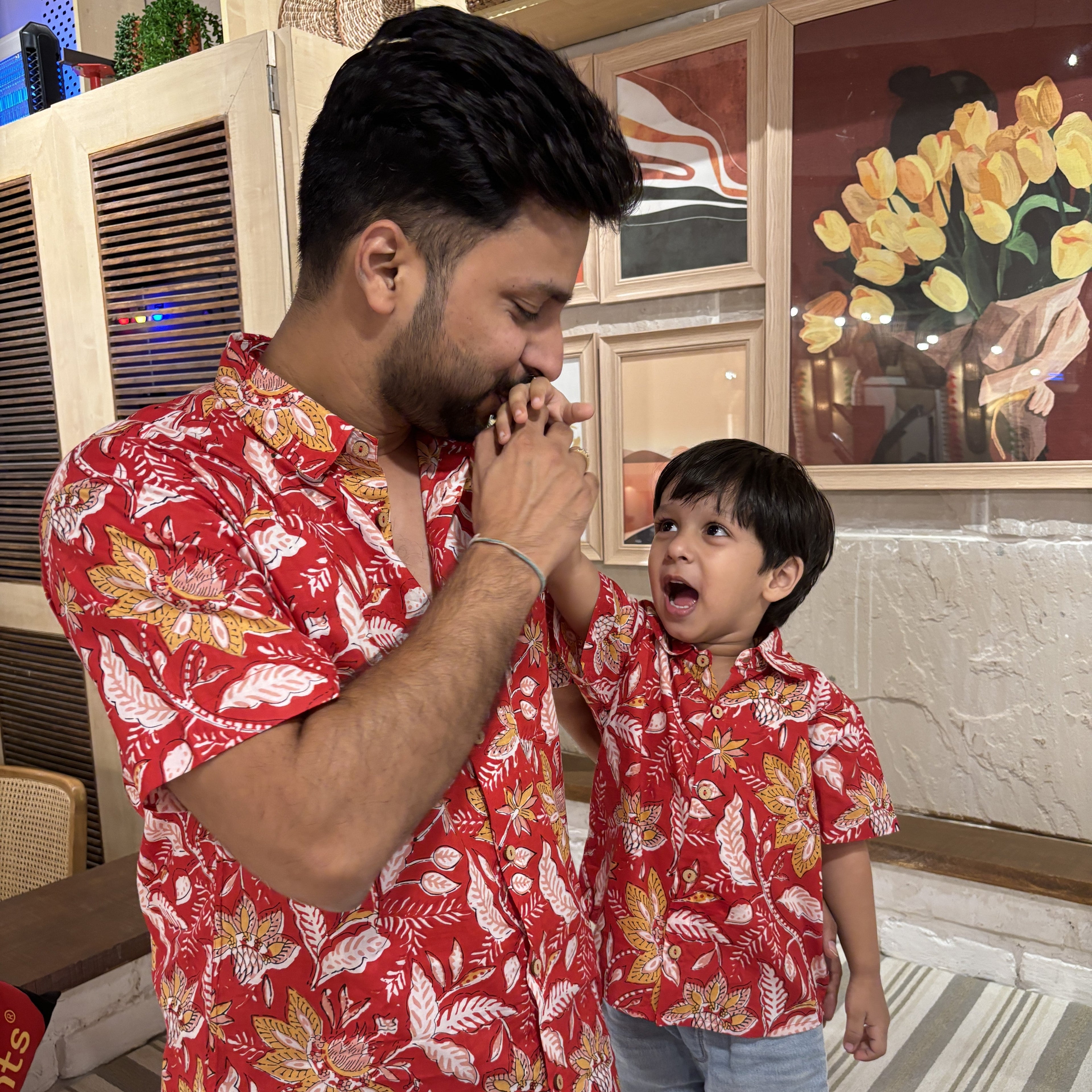 Matching Twinning Outfits for Father and Son |Floral Firework| Pure Cotton