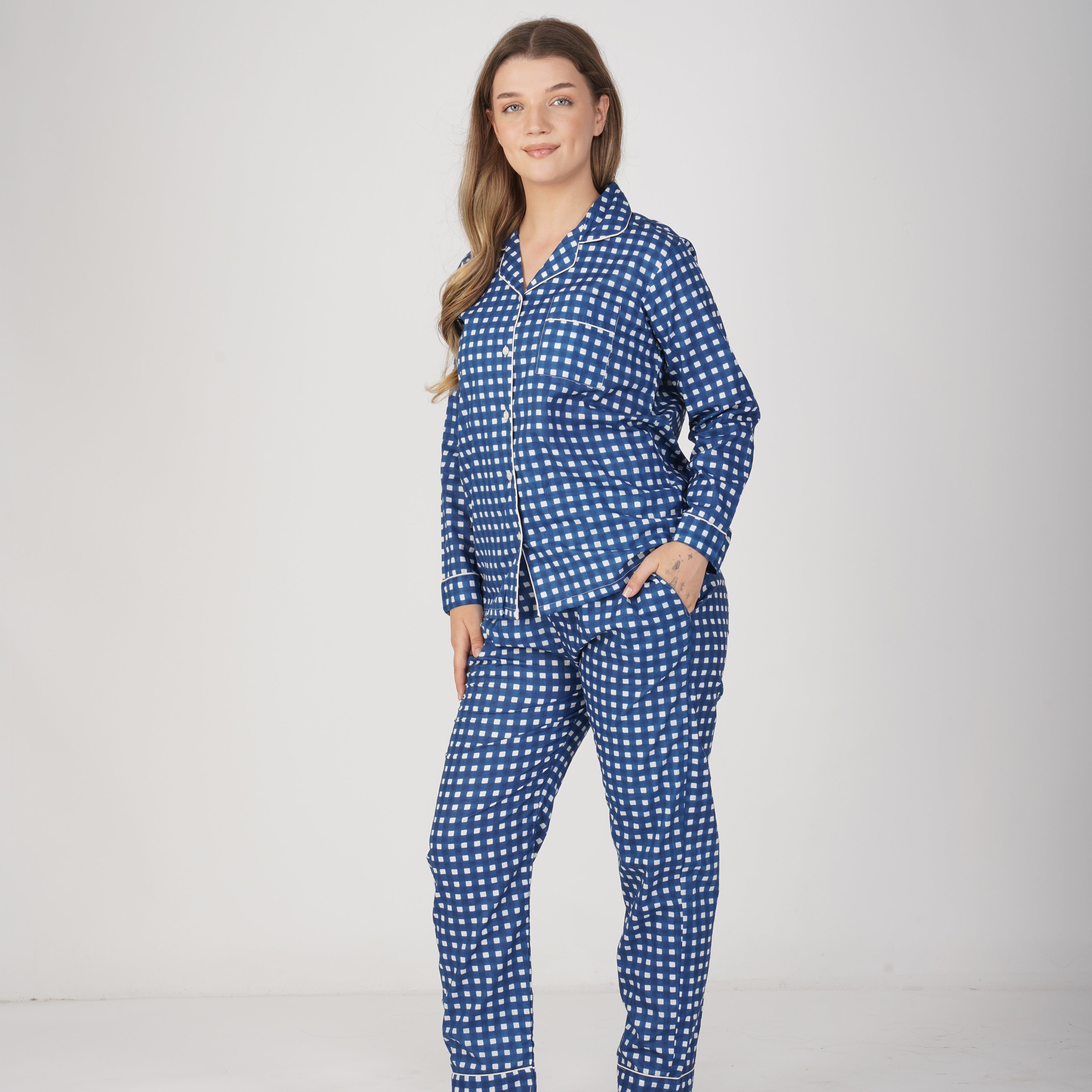 Blue Checkerboard| Adult Nightsuit Set| Pure Cotton