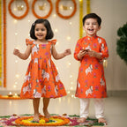 Orange Pichwai Sibling Twinning Outfits| Pure Cotton