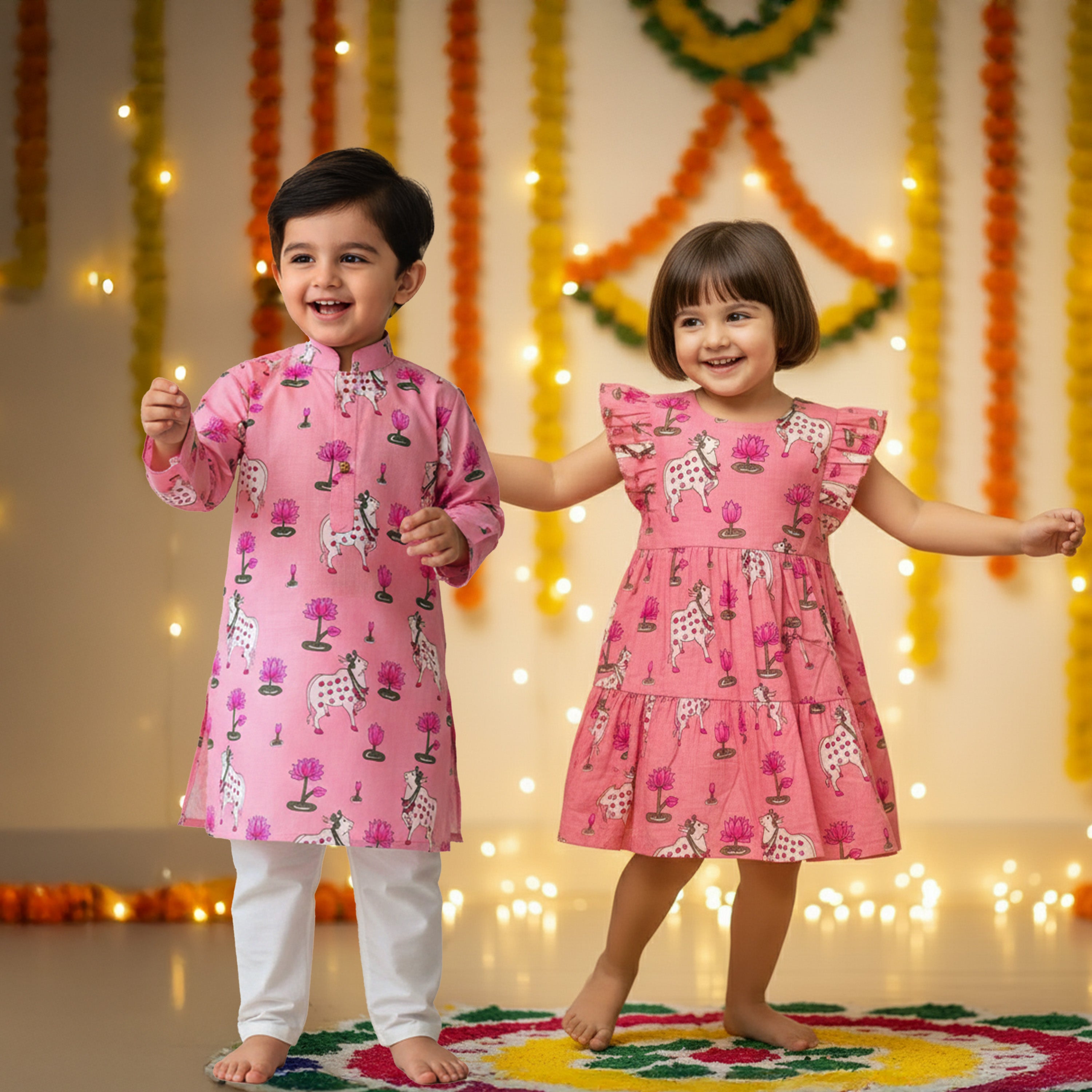 Pink Pichwai Sibling Twinning Outfits| Pure Cotton