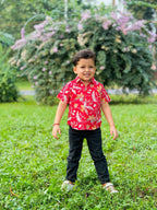 Red floral firework Sibling Twinning Outfits | Pure cotton