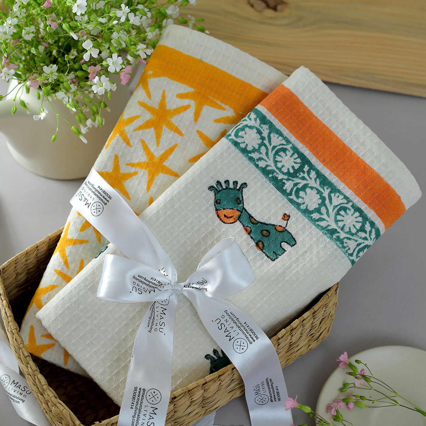 Blue Giraffe & Yellow Stars Bath Towel- Set of 2