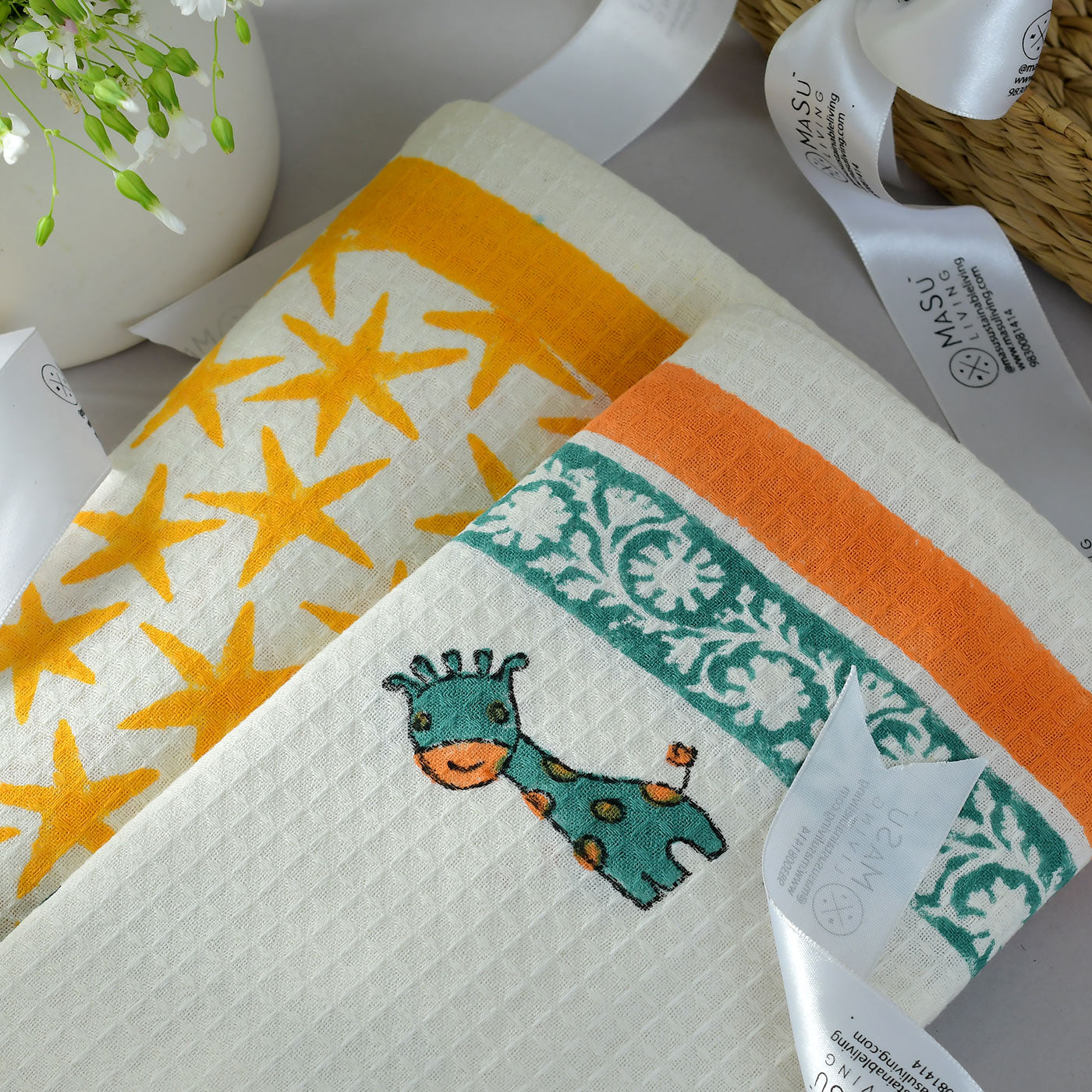 Blue Giraffe & Yellow Stars Bath Towel- Set of 2