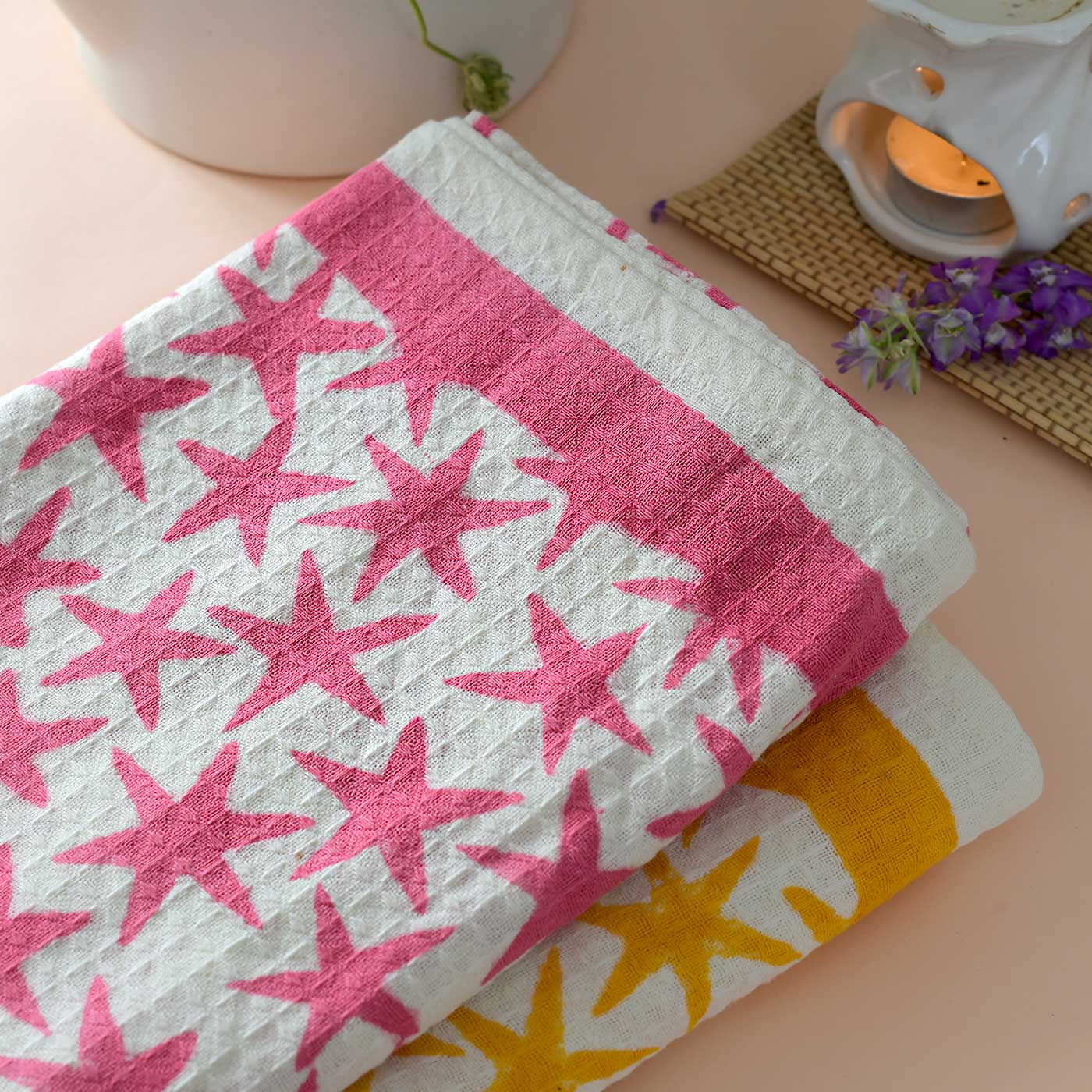 Pink Stars & Yellow Stars Bath Towel- Set of 2