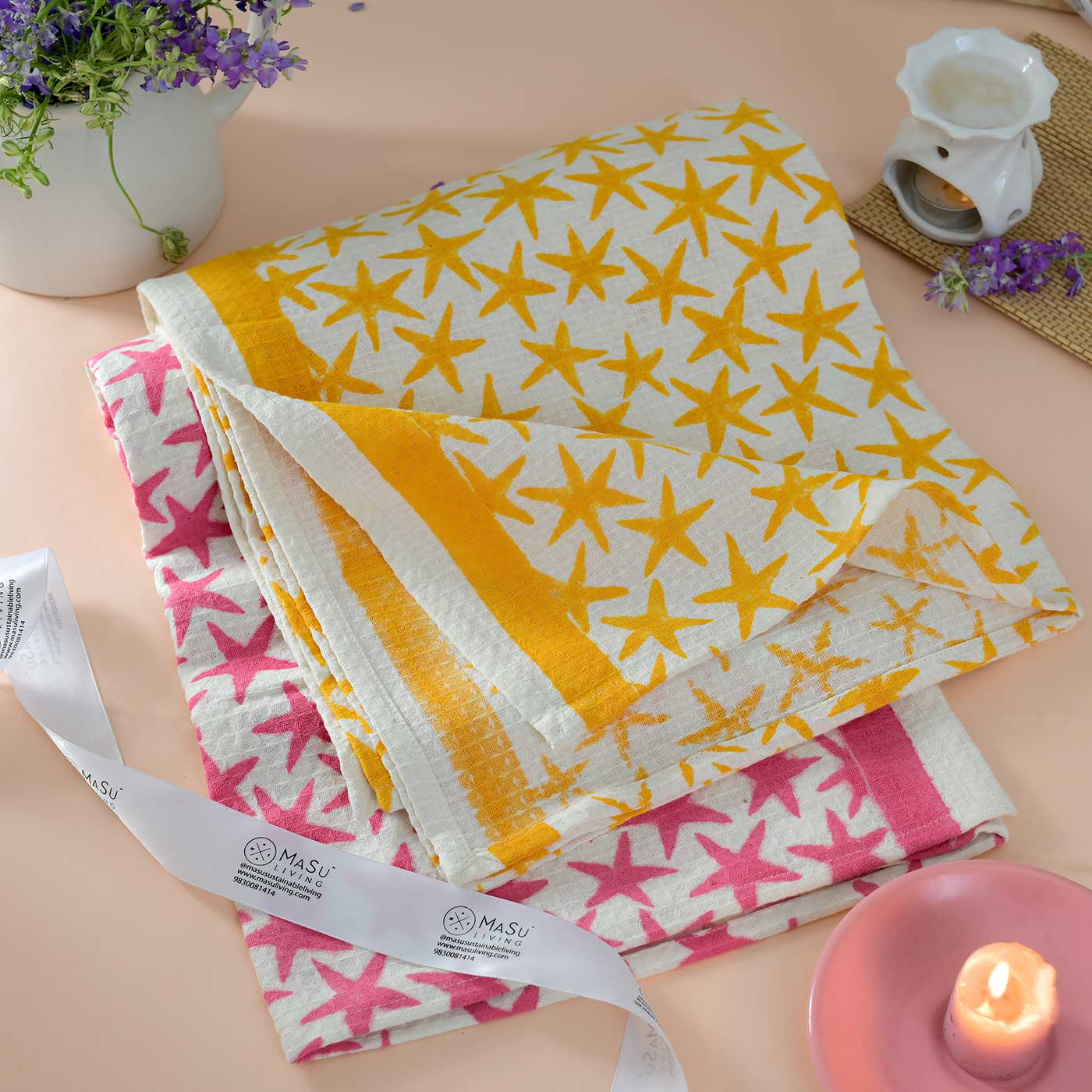 Pink Stars & Yellow Stars Bath Towel- Set of 2