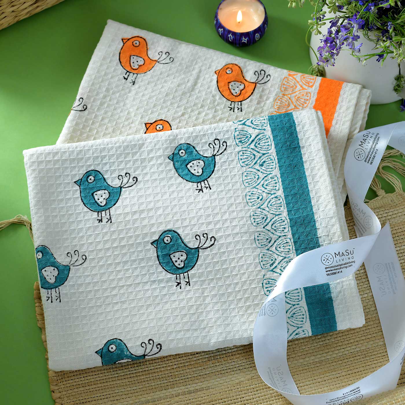 Blue Bird & Orange Birdie Bath Towel- Set of 2