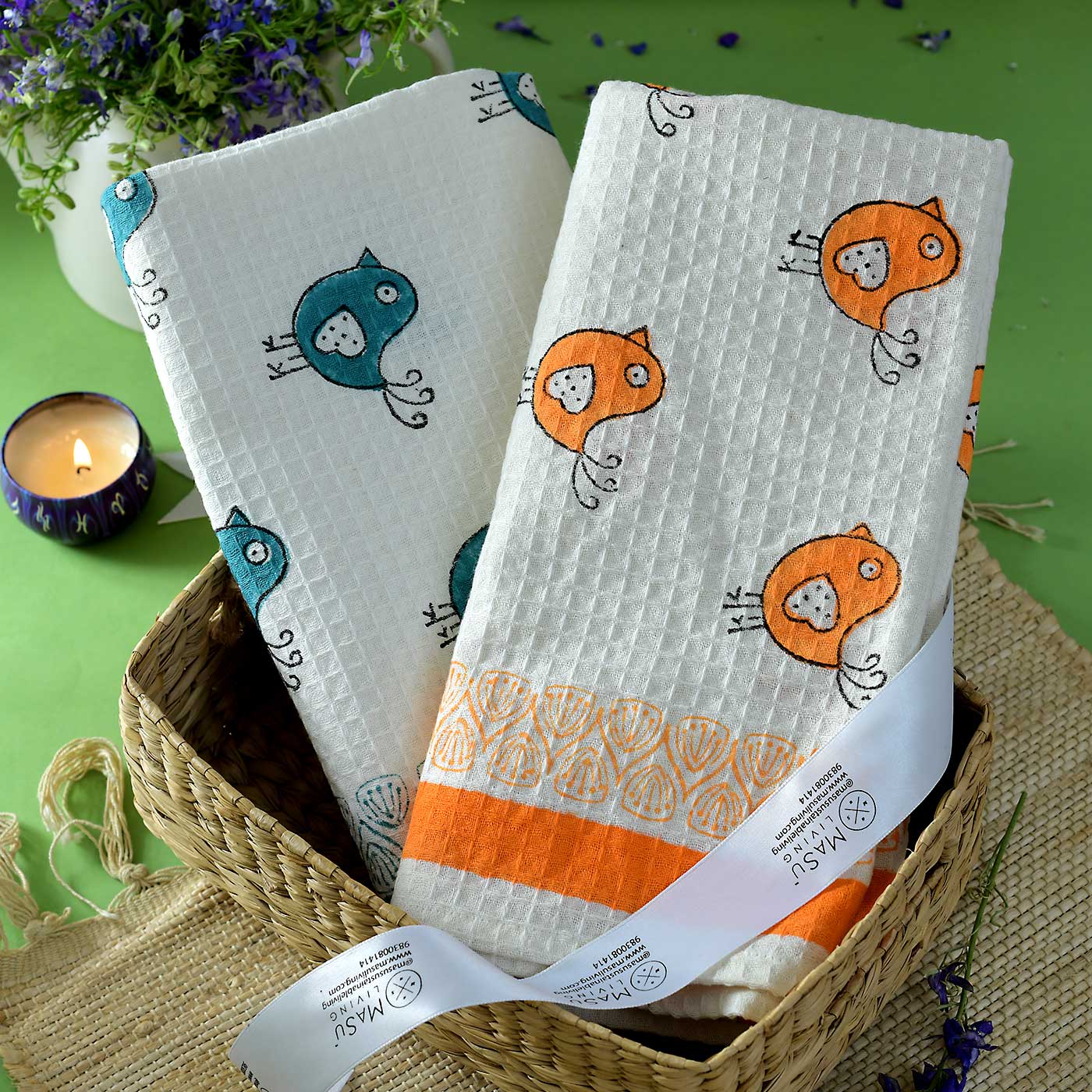 Blue Bird & Orange Birdie Bath Towel- Set of 2