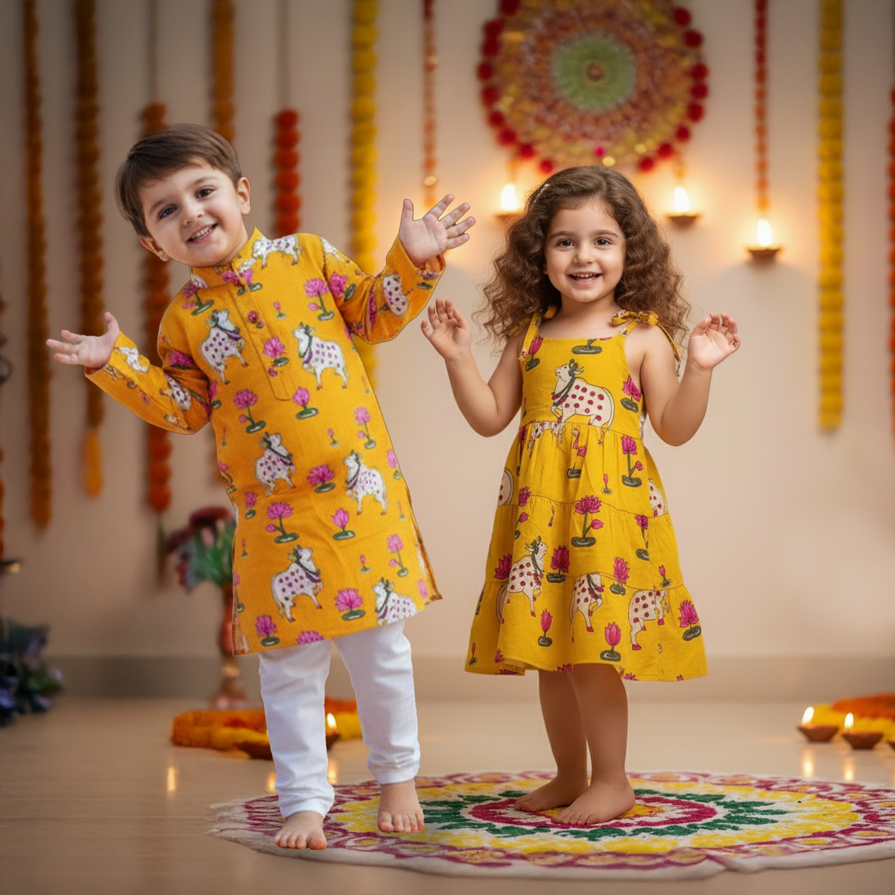 Yellow Pichwai Sibling Twinning Outfits| Pure Cotton